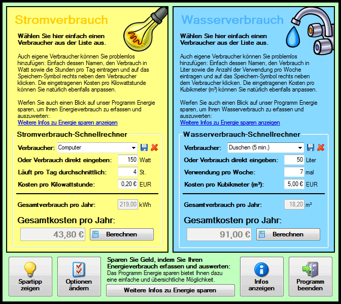 Screenshot vom Programm: Energiekosten-Schnellrechner