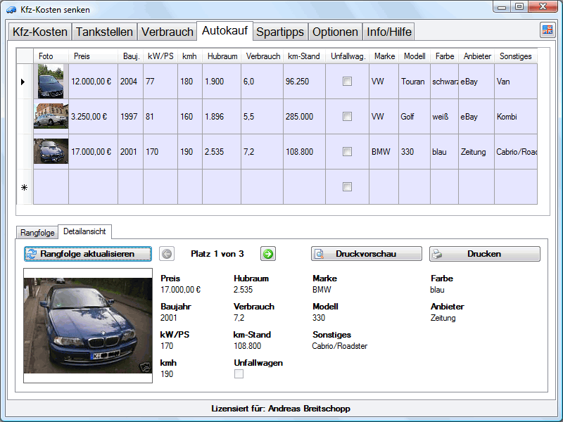 Screenshot vom Programm: Kfz-Kosten senken