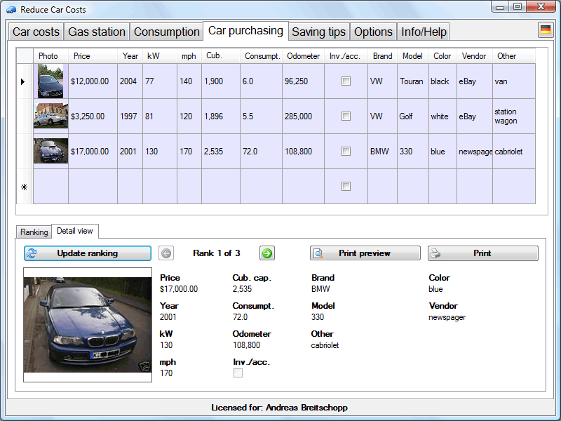 Reduce Car Costs software