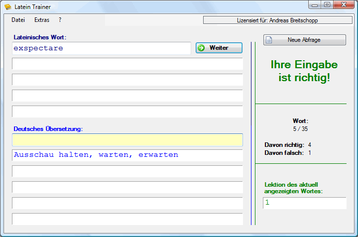 Screenshot vom Programm: Latein-Trainer