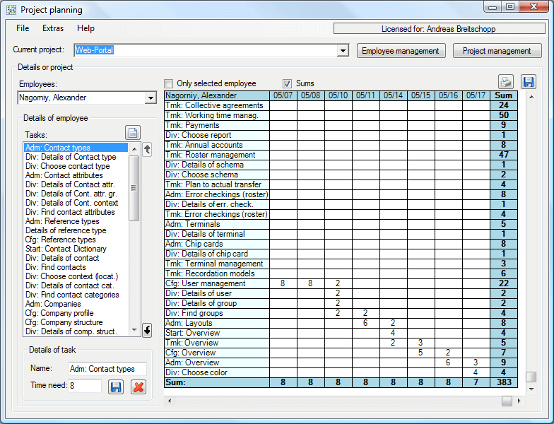 Project Planning with hands-off arrangement of tasks to single days.